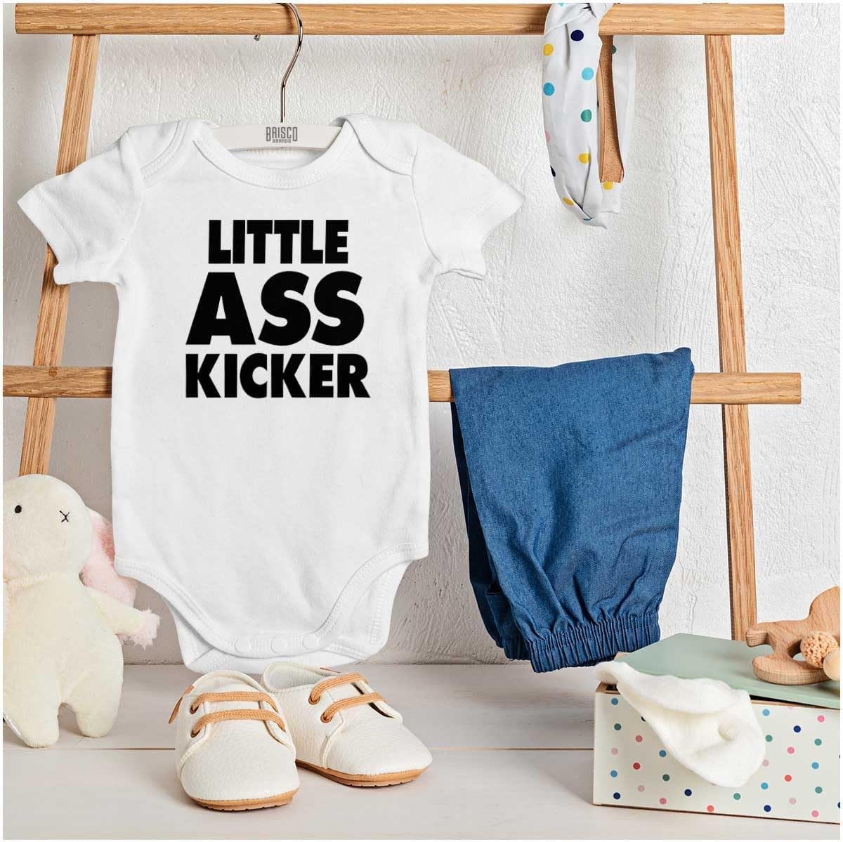 image:imageBrisco Brands Funny Attitude Little Ass Kicker Baby Romper Boys or GirlsWhite