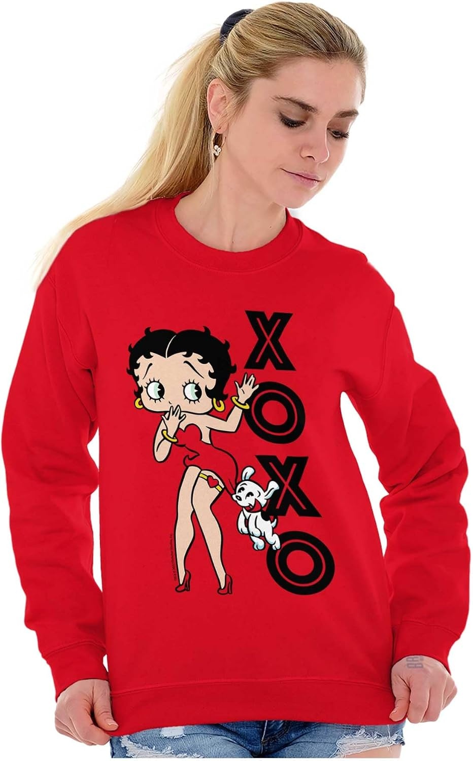 image:imageBrisco Brands Retro Betty Boop XOXO Puppy Love Women Crewneck SweatshirtRed
