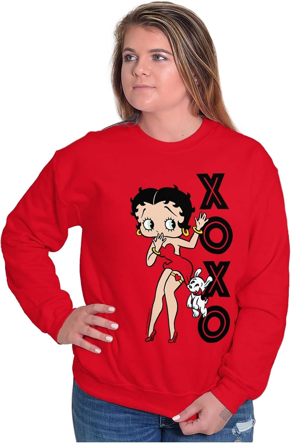 image:imageBrisco Brands Retro Betty Boop XOXO Puppy Love Women Crewneck SweatshirtRed