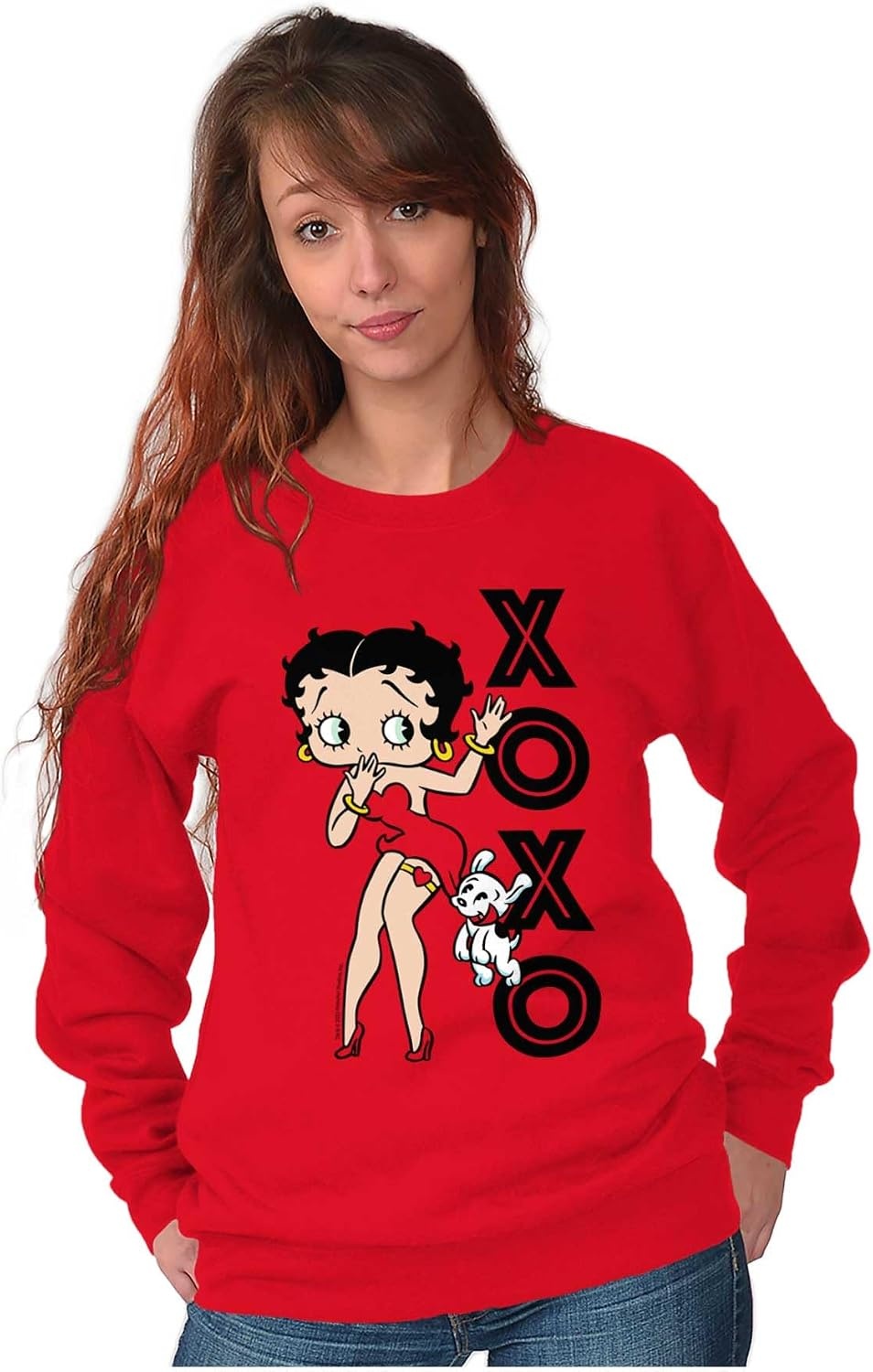 image:imageBrisco Brands Retro Betty Boop XOXO Puppy Love Women Crewneck SweatshirtRed