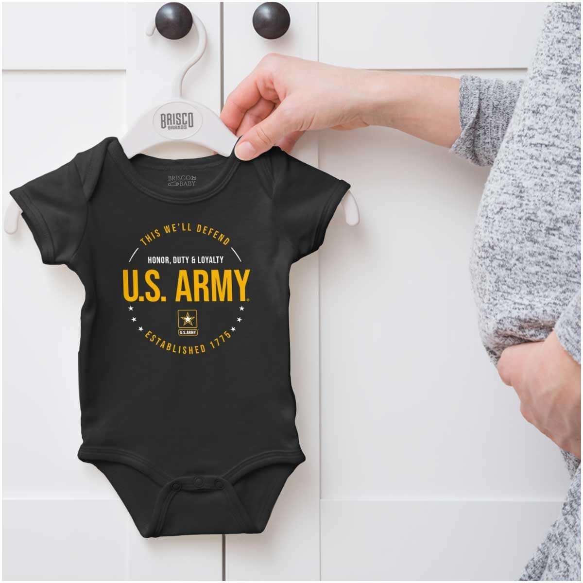 image:imageBrisco Brands US Army Honor Duty Loyalty Soldier Baby Romper Boys or GirlsBlack