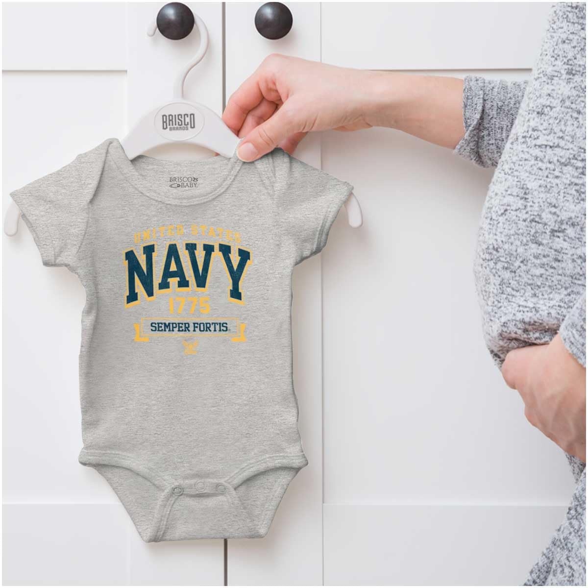image:imageBrisco Brands United States Navy Semper Fortis 1775 Baby Romper Boys or GirlsHeather