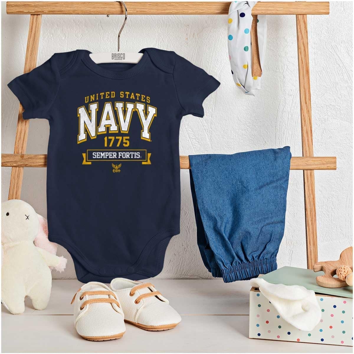 image:imageBrisco Brands United States Navy Semper Fortis 1775 Baby Romper Boys or GirlsNavy