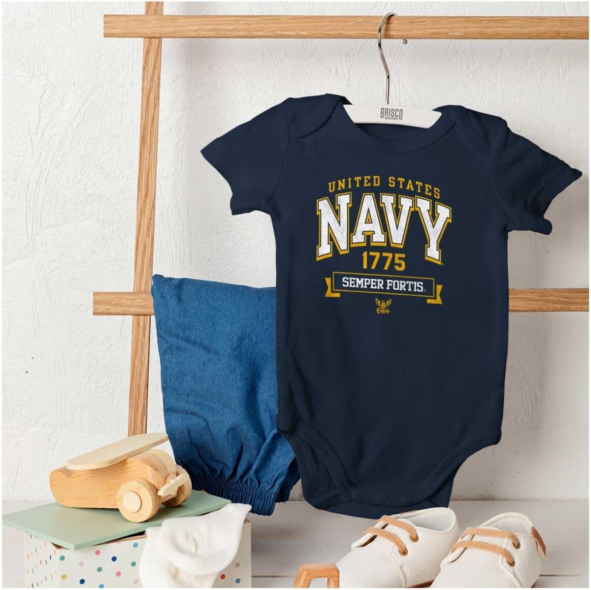 image:imageBrisco Brands United States Navy Semper Fortis 1775 Baby Romper Boys or GirlsNavy