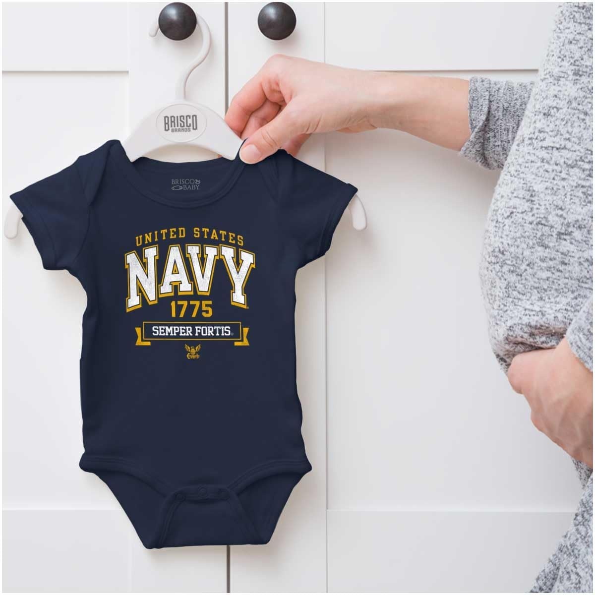 image:imageBrisco Brands United States Navy Semper Fortis 1775 Baby Romper Boys or GirlsNavy
