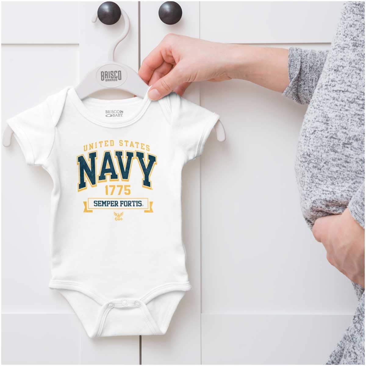 image:imageBrisco Brands United States Navy Semper Fortis 1775 Baby Romper Boys or GirlsWhite