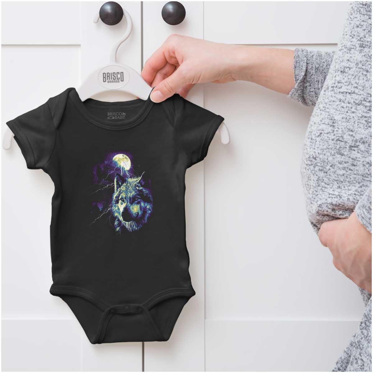 image:imageBrisco Brands Wolf Pack Howling at Full Moon Baby Romper Boys or GirlsBlack