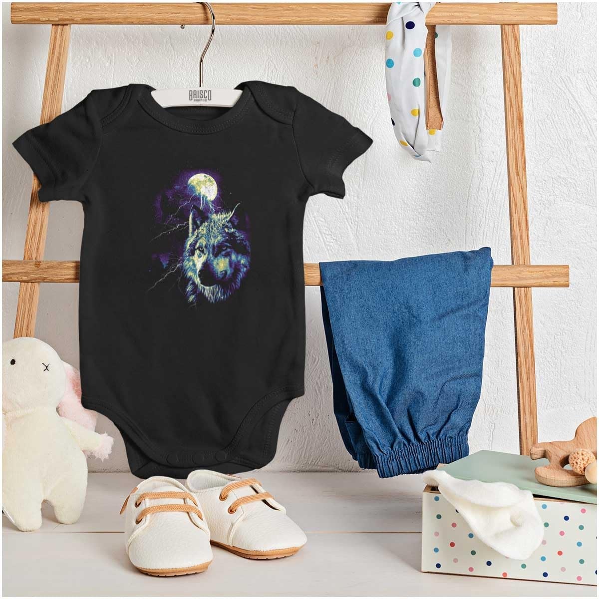 image:imageBrisco Brands Wolf Pack Howling at Full Moon Baby Romper Boys or GirlsBlack