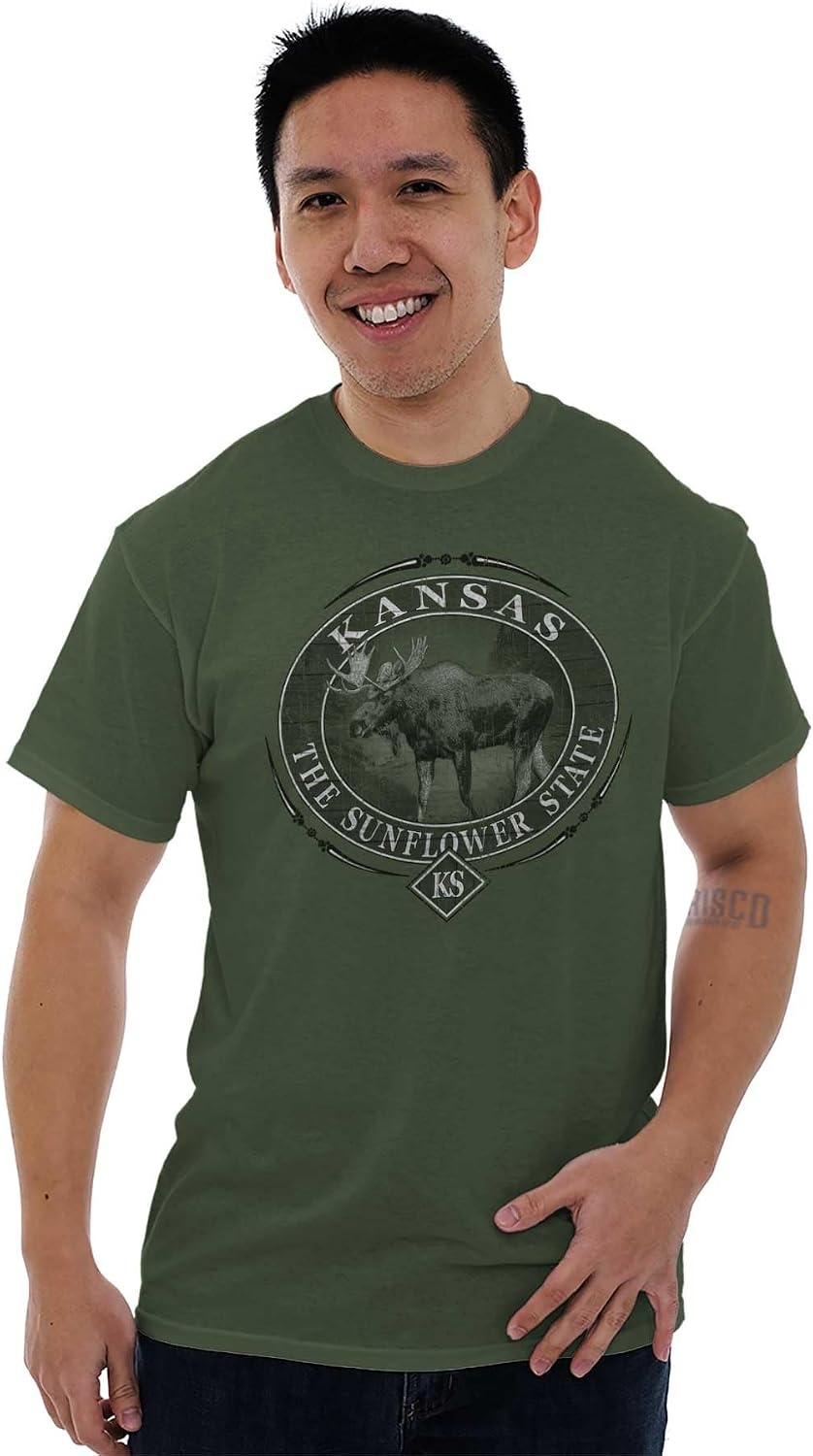 image:imageClassic Teaze American States Military Green Rugged Outdoor Moose Graphic T Shirt for Men or WomenKansas