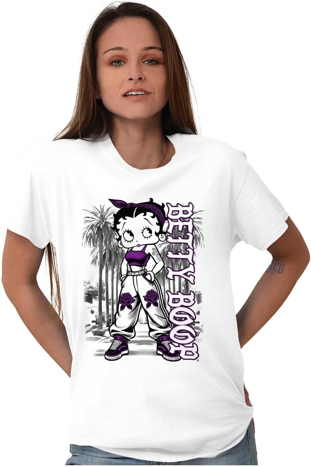 image:imageCute Betty Boop Chicana Urban Chola Cartoon Womens Graphic T Shirt TeesWhite Urban Miami With Purple Ink