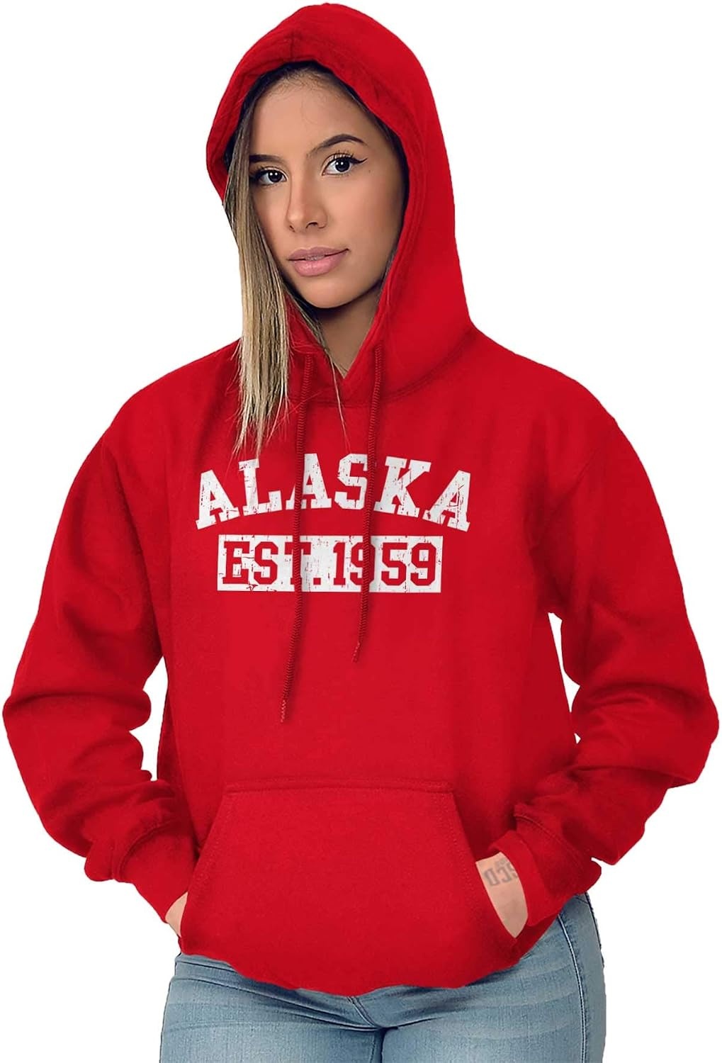 image:imageDistressed American States Athletic EST Hoodie Sweatshirt Women and MenRed