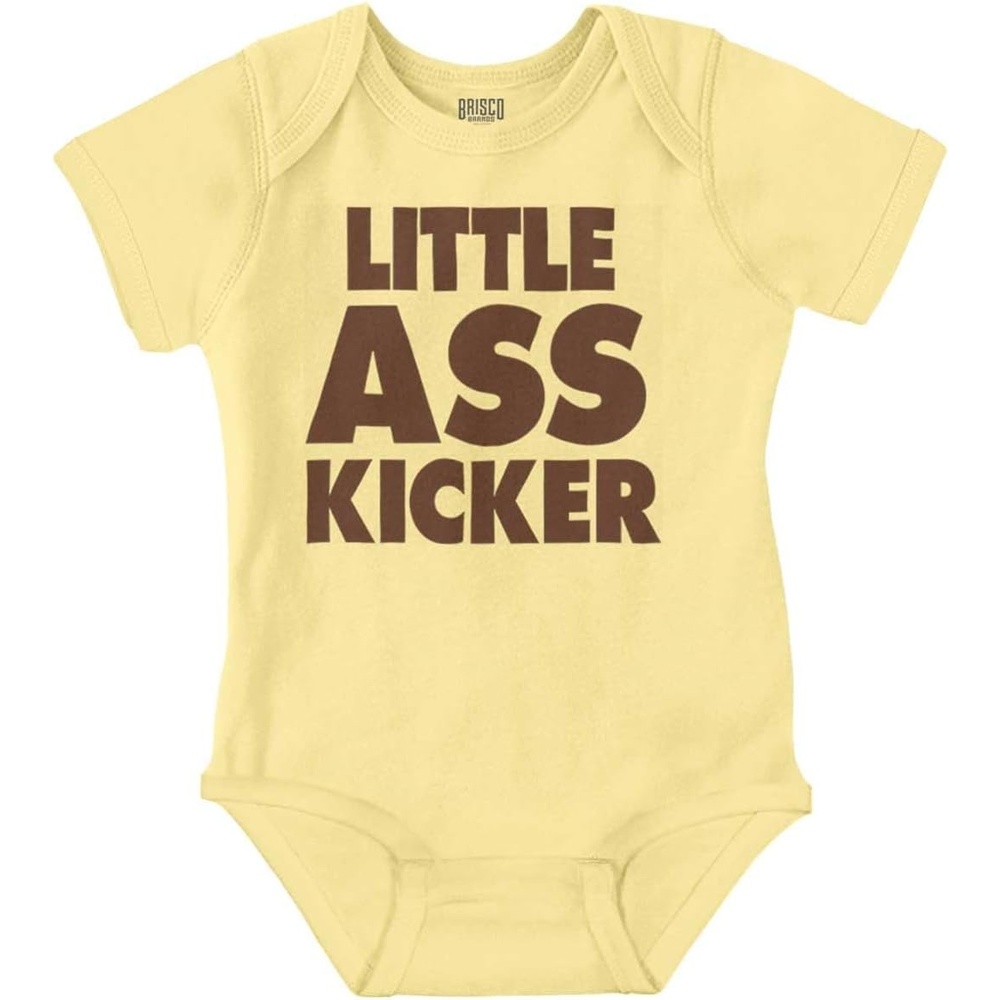 image:imageBrisco Brands Funny Attitude Little Ass Kicker Baby Romper Boys or GirlsBanana