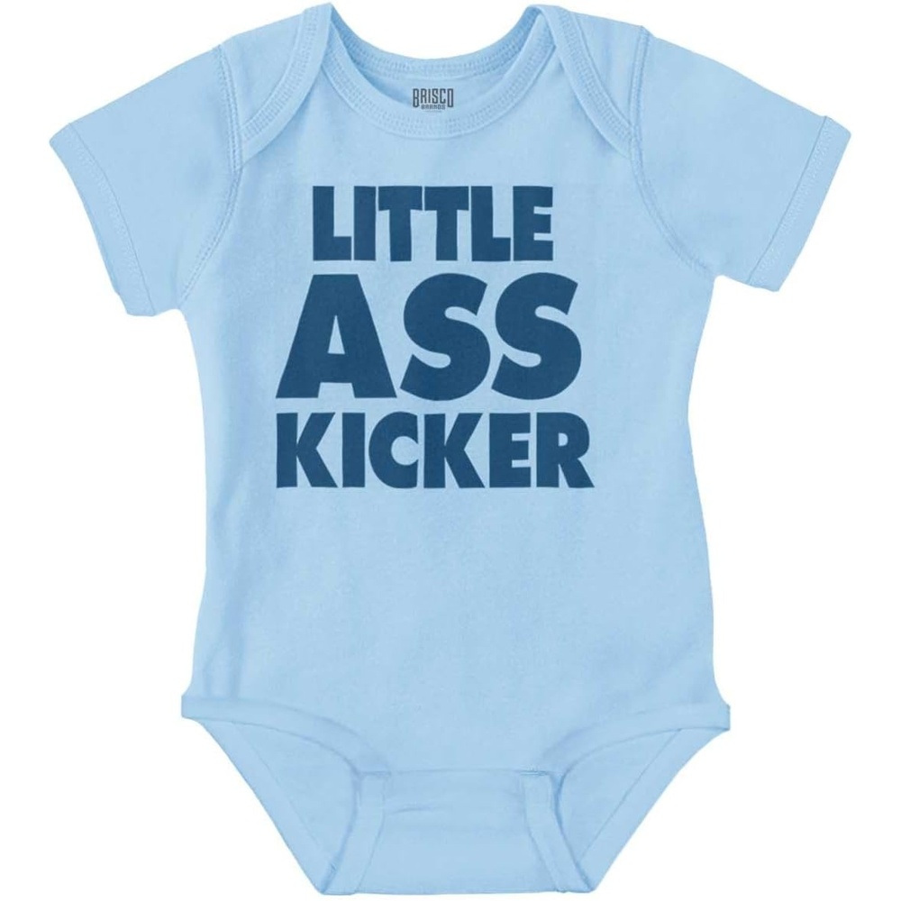 image:imageBrisco Brands Funny Attitude Little Ass Kicker Baby Romper Boys or GirlsLight Blue