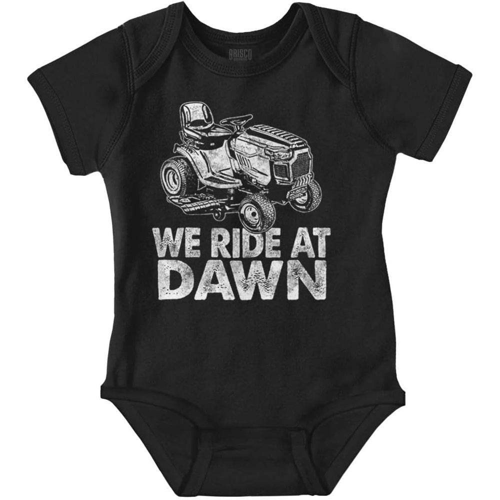 image:imageBrisco Brands Funny We Ride At Dawn Lawn Mower Baby Romper Boys or GirlsBlack