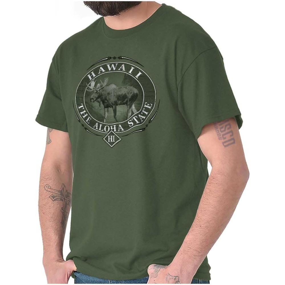 image:imageClassic Teaze American States Military Green Rugged Outdoor Moose Graphic T Shirt for Men or WomenHawaii