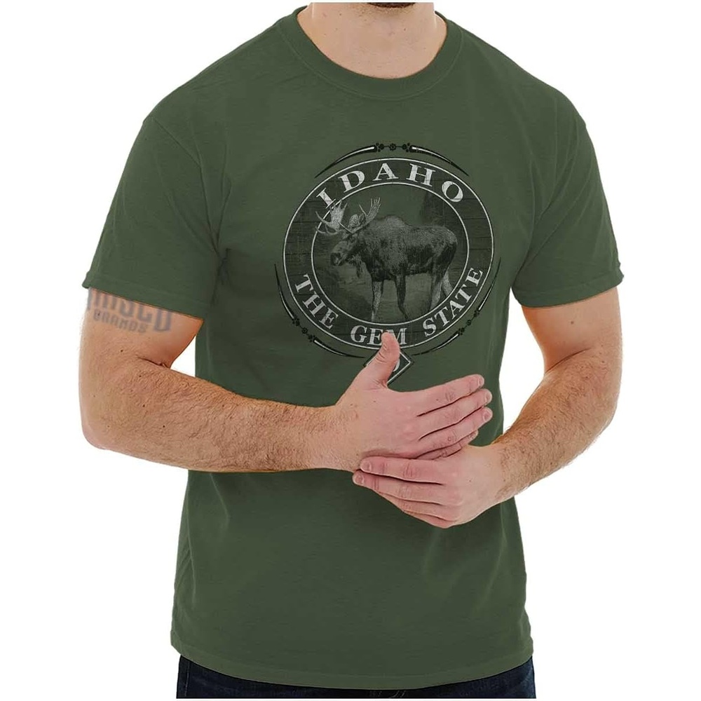 image:imageClassic Teaze American States Military Green Rugged Outdoor Moose Graphic T Shirt for Men or WomenIdaho