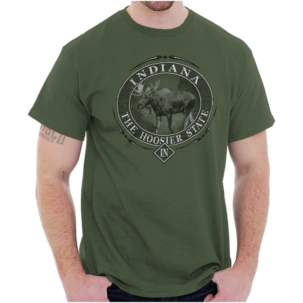 image:imageClassic Teaze American States Military Green Rugged Outdoor Moose Graphic T Shirt for Men or WomenIndiana