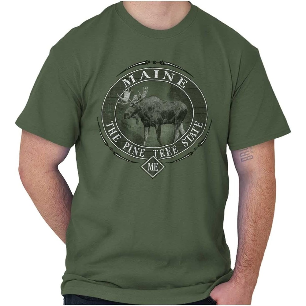 image:imageClassic Teaze American States Military Green Rugged Outdoor Moose Graphic T Shirt for Men or WomenMaine