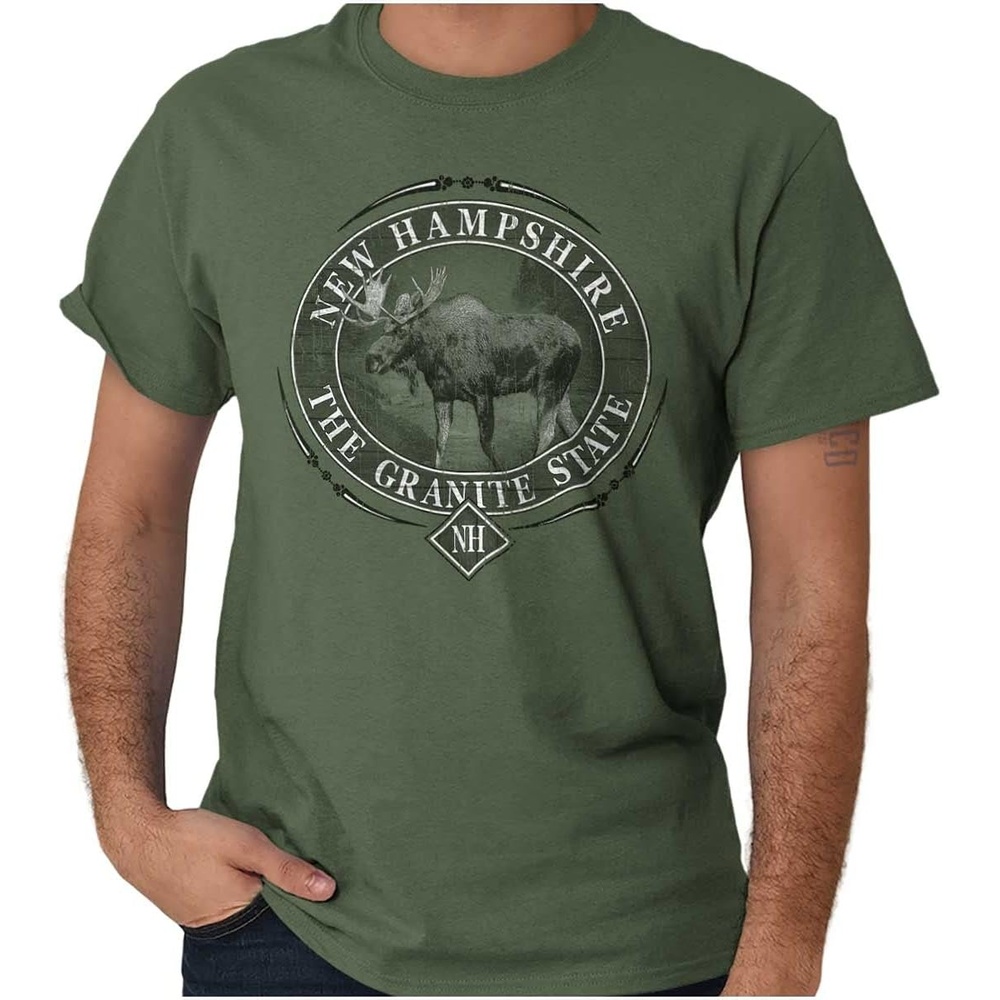 image:imageClassic Teaze American States Military Green Rugged Outdoor Moose Graphic T Shirt for Men or WomenNew Hampshire