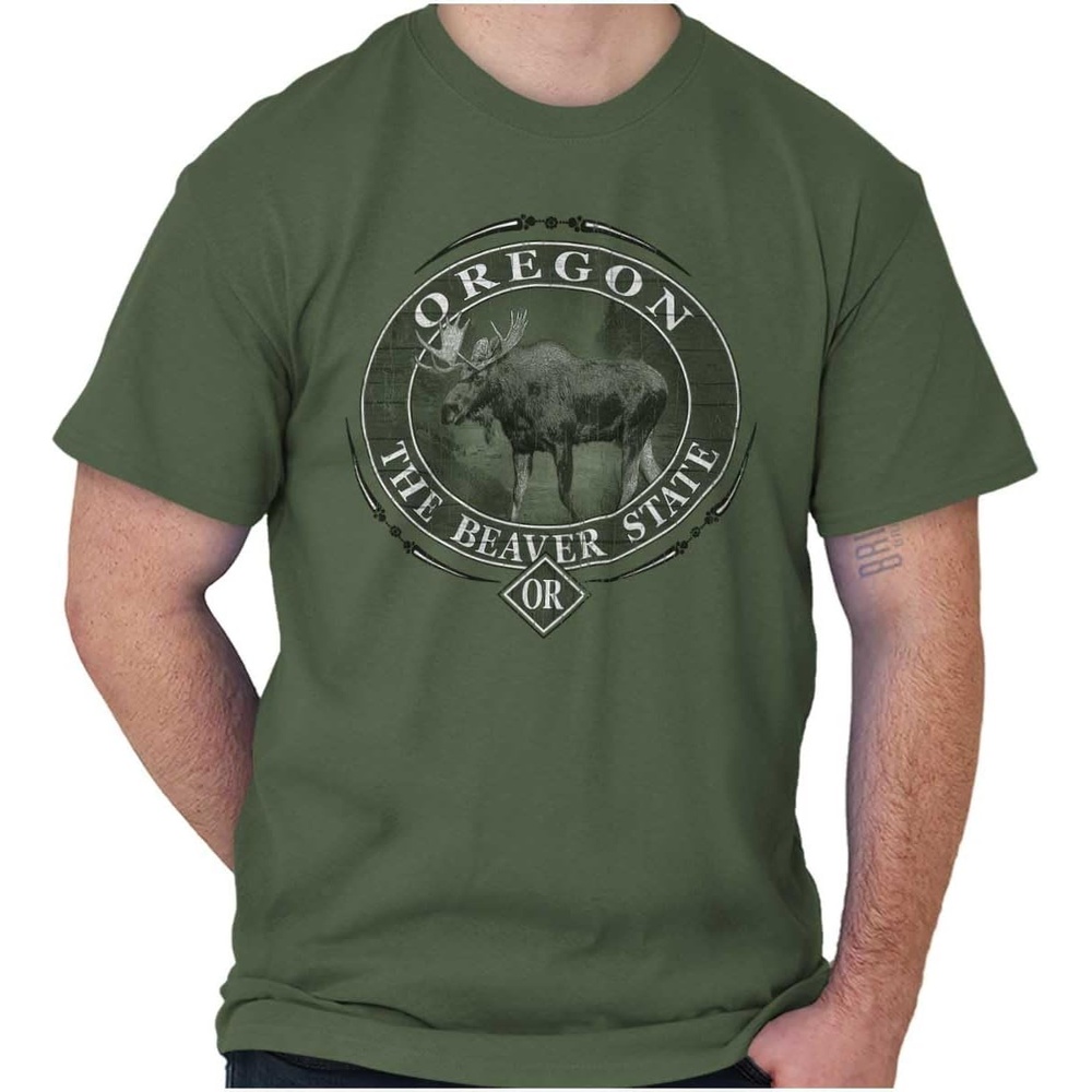 image:imageClassic Teaze American States Military Green Rugged Outdoor Moose Graphic T Shirt for Men or WomenOregon