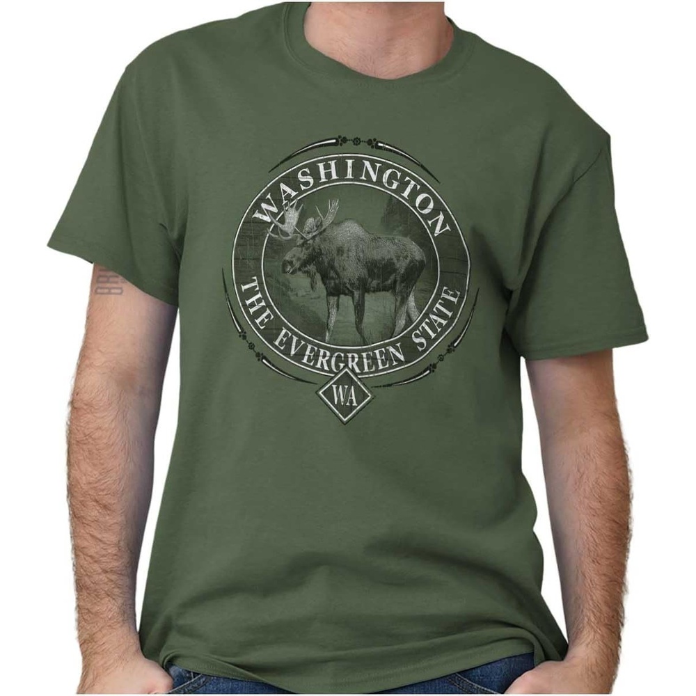 image:imageClassic Teaze American States Military Green Rugged Outdoor Moose Graphic T Shirt for Men or WomenWashington
