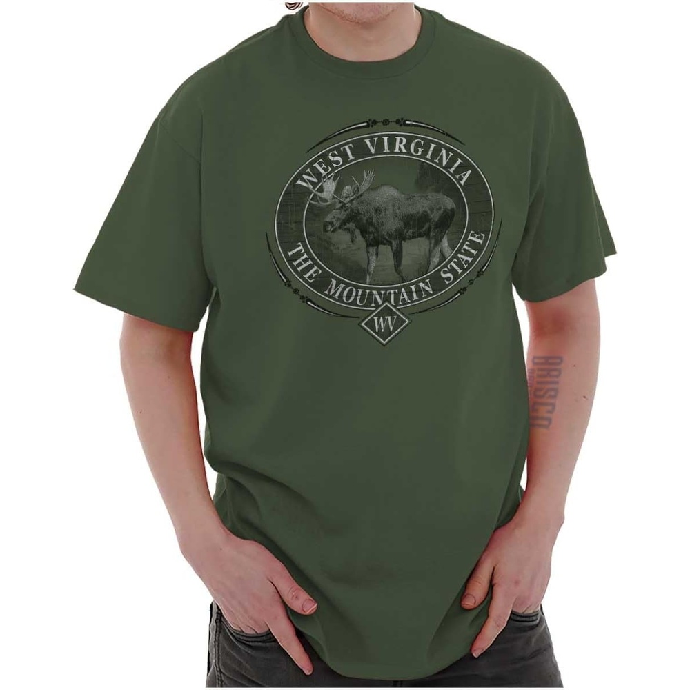 image:imageClassic Teaze American States Military Green Rugged Outdoor Moose Graphic T Shirt for Men or WomenWest Virginia