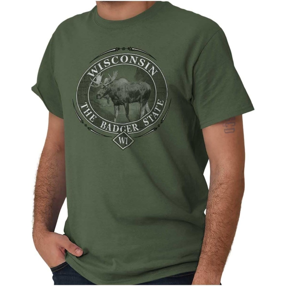 image:imageClassic Teaze American States Military Green Rugged Outdoor Moose Graphic T Shirt for Men or WomenWisconsin