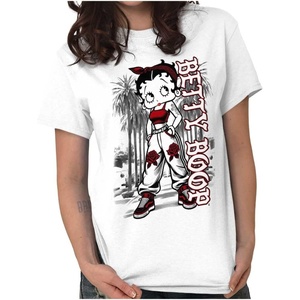 Cute Betty Boop Chicana Urban Chola Cartoon Womens Graphic T Shirt Tees(White – Urban Miami With Red Ink)