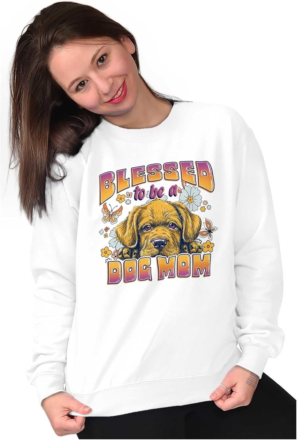 image:imageBlessed To Be A Dog Mom Cute Florals Women Crewneck SweatshirtWhite