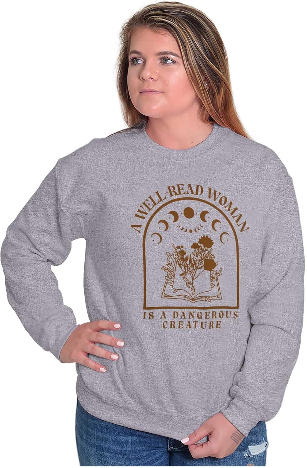 image:imageBrisco Brands A Well Read Woman Is Dangerous Women Crewneck SweatshirtSport Grey