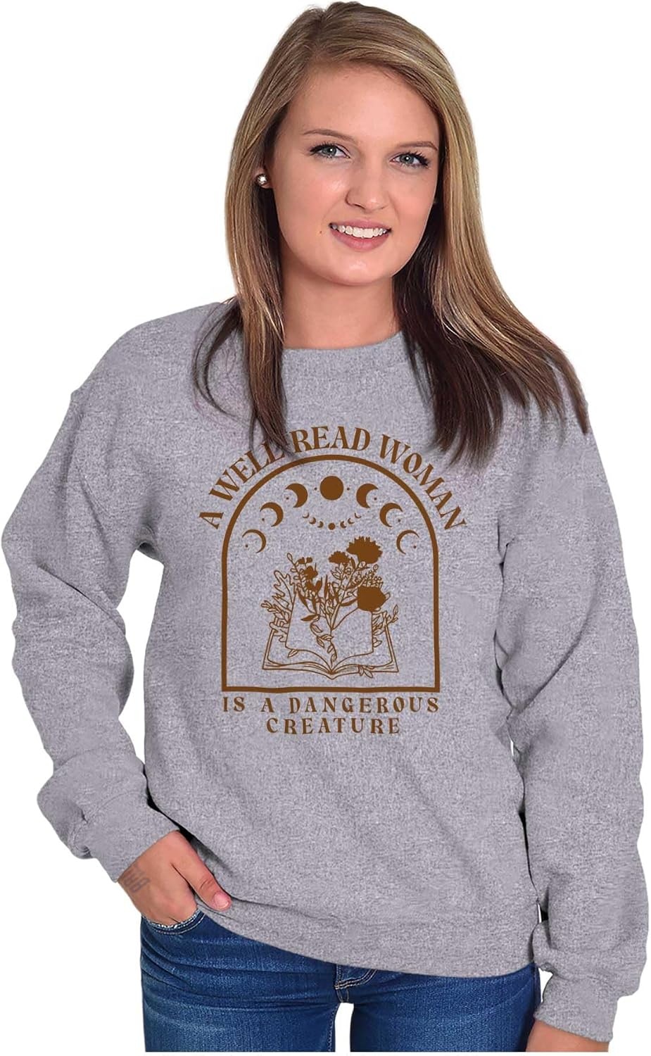 image:imageBrisco Brands A Well Read Woman Is Dangerous Women Crewneck SweatshirtSport Grey