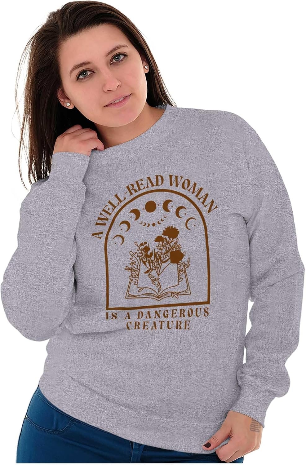 image:imageBrisco Brands A Well Read Woman Is Dangerous Women Crewneck SweatshirtSport Grey