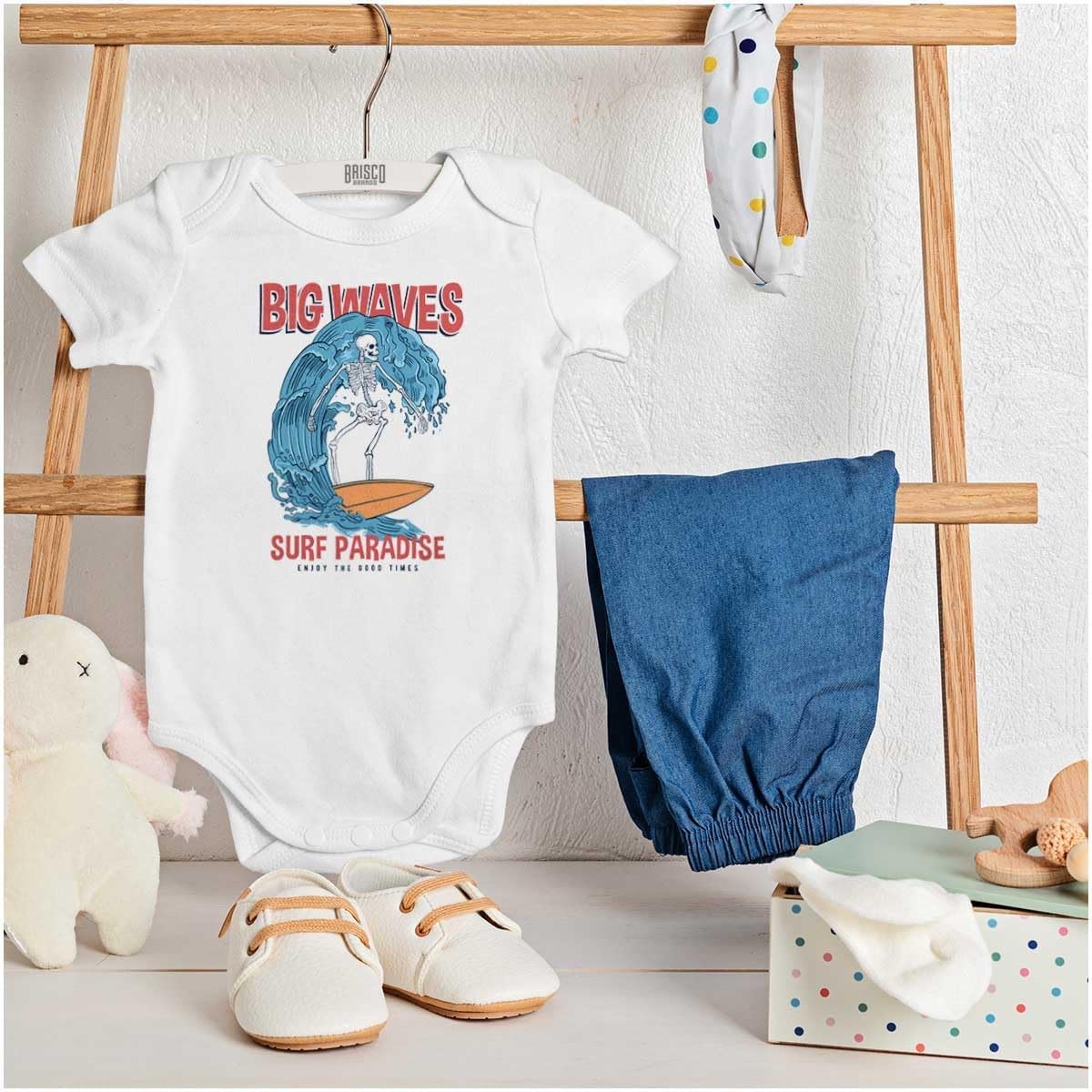image:imageBrisco Brands Big Waves Surf Paradise Skeleton Baby Romper Boys or GirlsWhite
