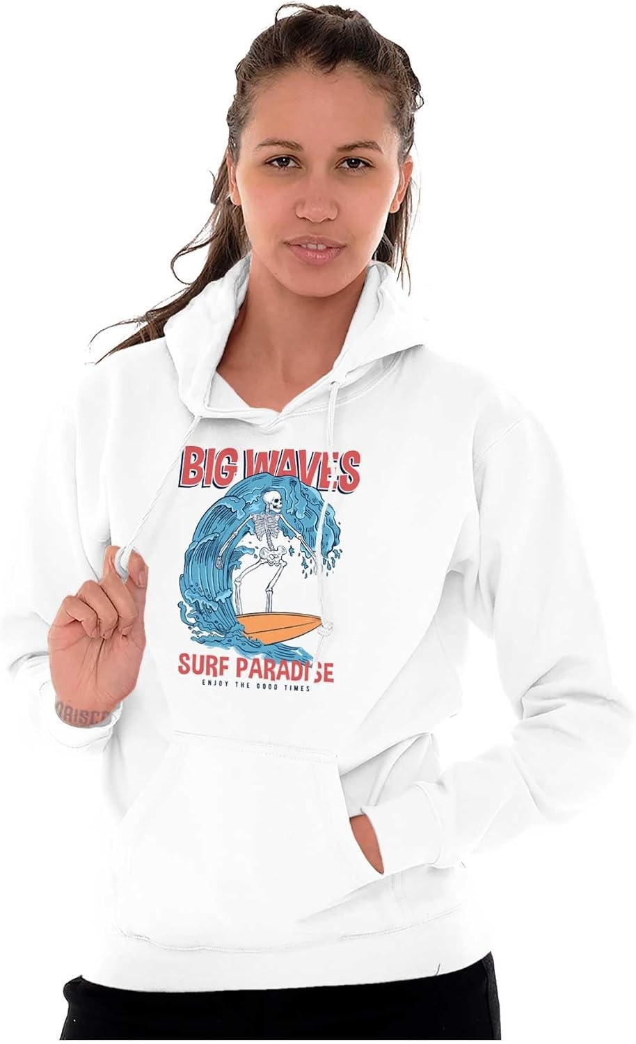 image:imageBrisco Brands Big Waves Surf Paradise Skeleton Hoodie Sweatshirt Women MenWhite