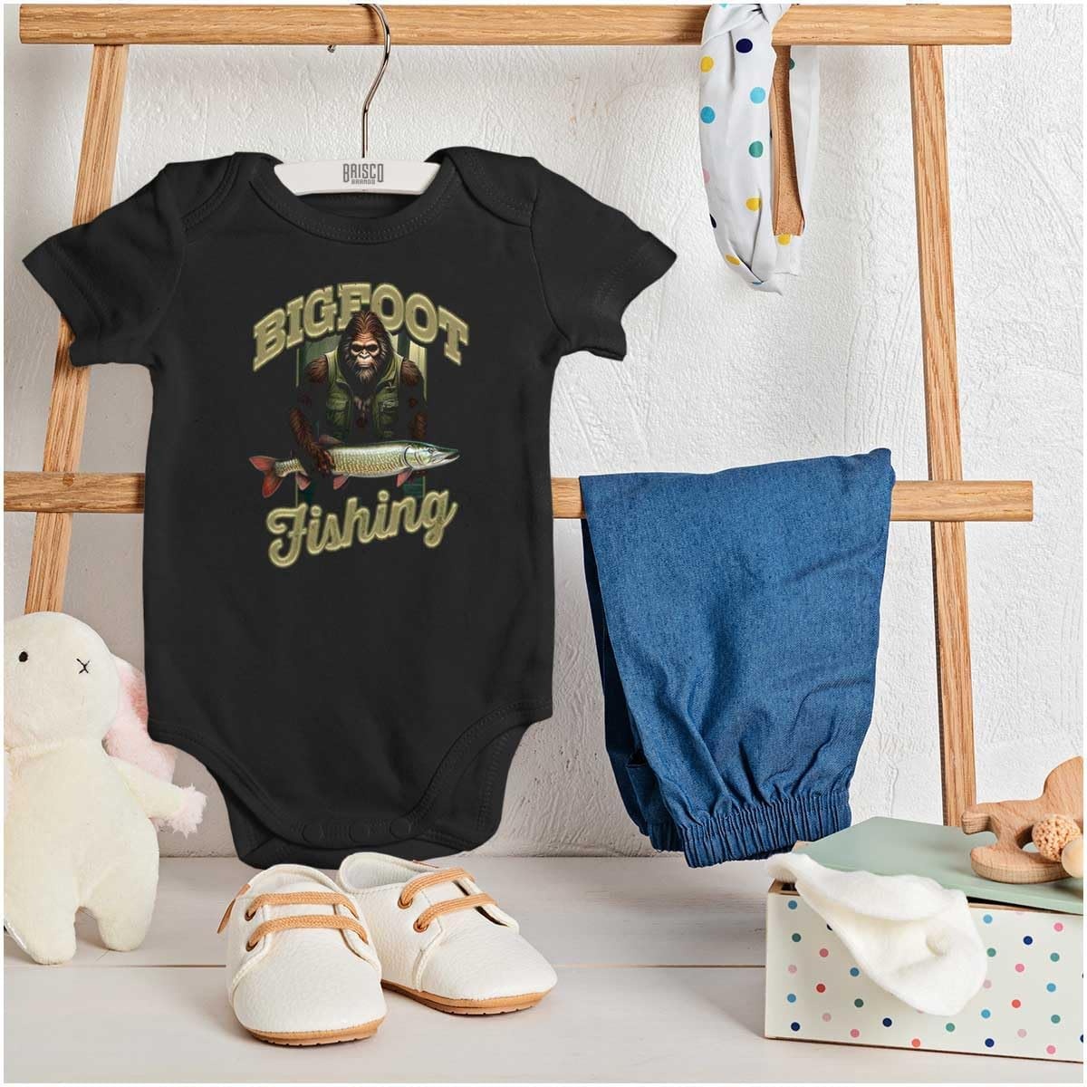 image:imageBrisco Brands Bigfoot Fishing Outdoor Adventure Baby Bodysuit Jumper BoysBlack