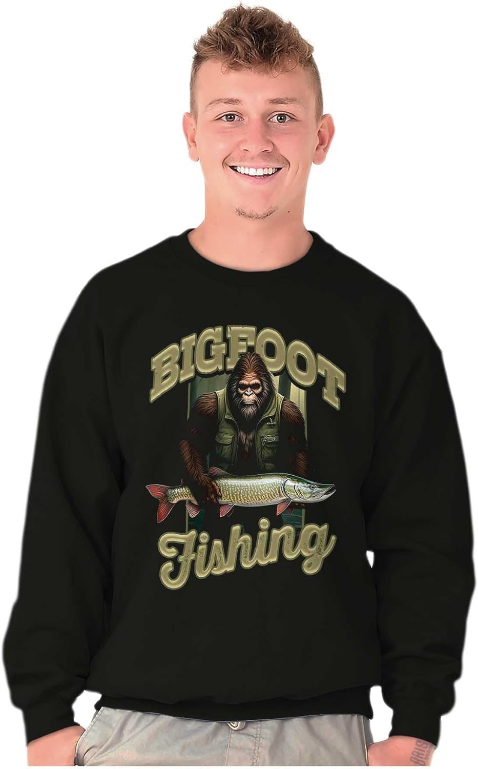 image:imageBrisco Brands Bigfoot Fishing Outdoor Adventure Mens Crewneck SweatshirtBlack