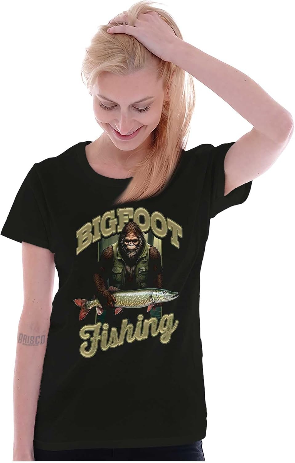 image:imageBrisco Brands Bigfoot Fishing Outdoor Adventure Womens Slim Fit Graphic TeeBlack