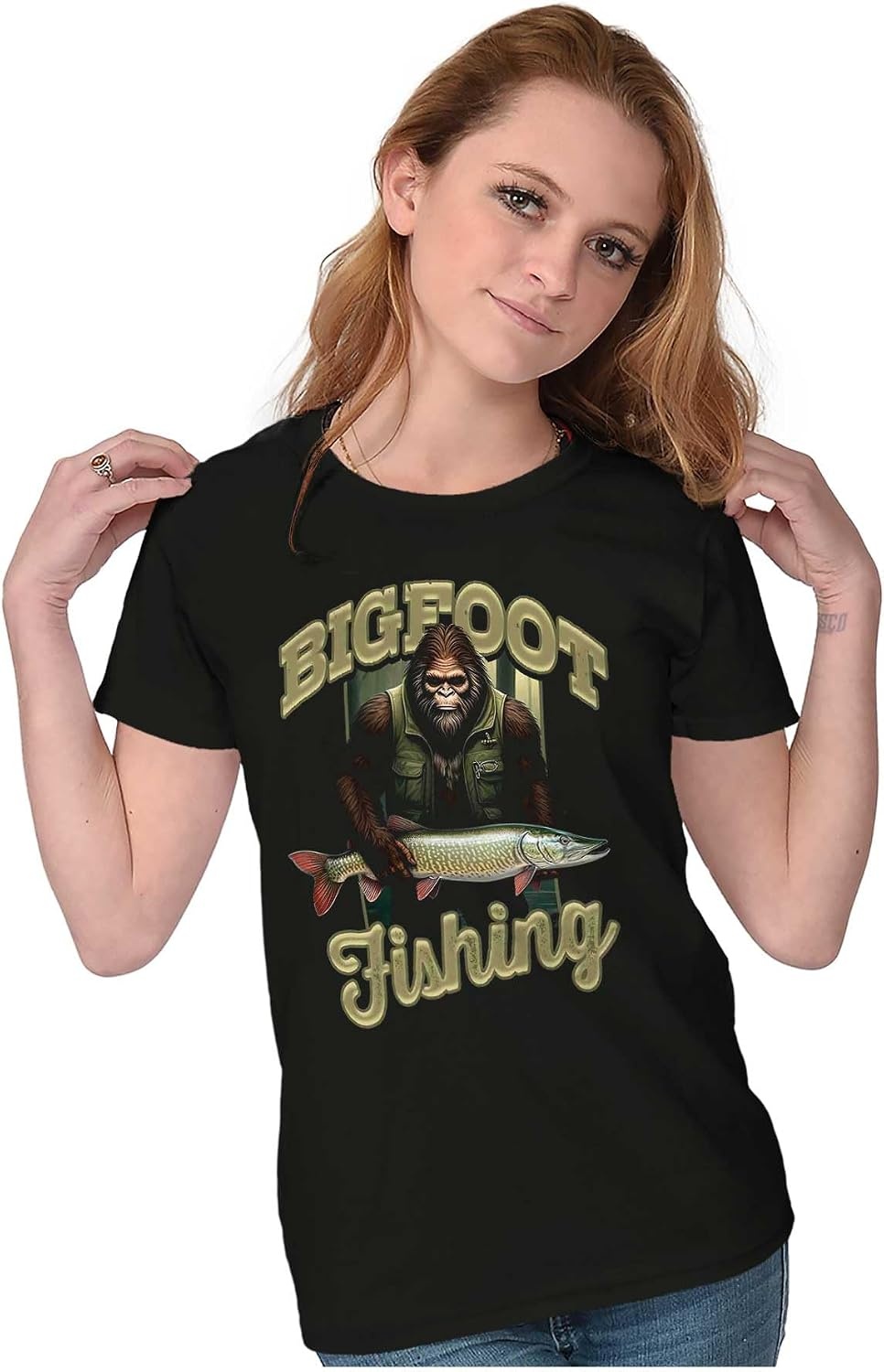 image:imageBrisco Brands Bigfoot Fishing Outdoor Adventure Womens Slim Fit Graphic TeeBlack