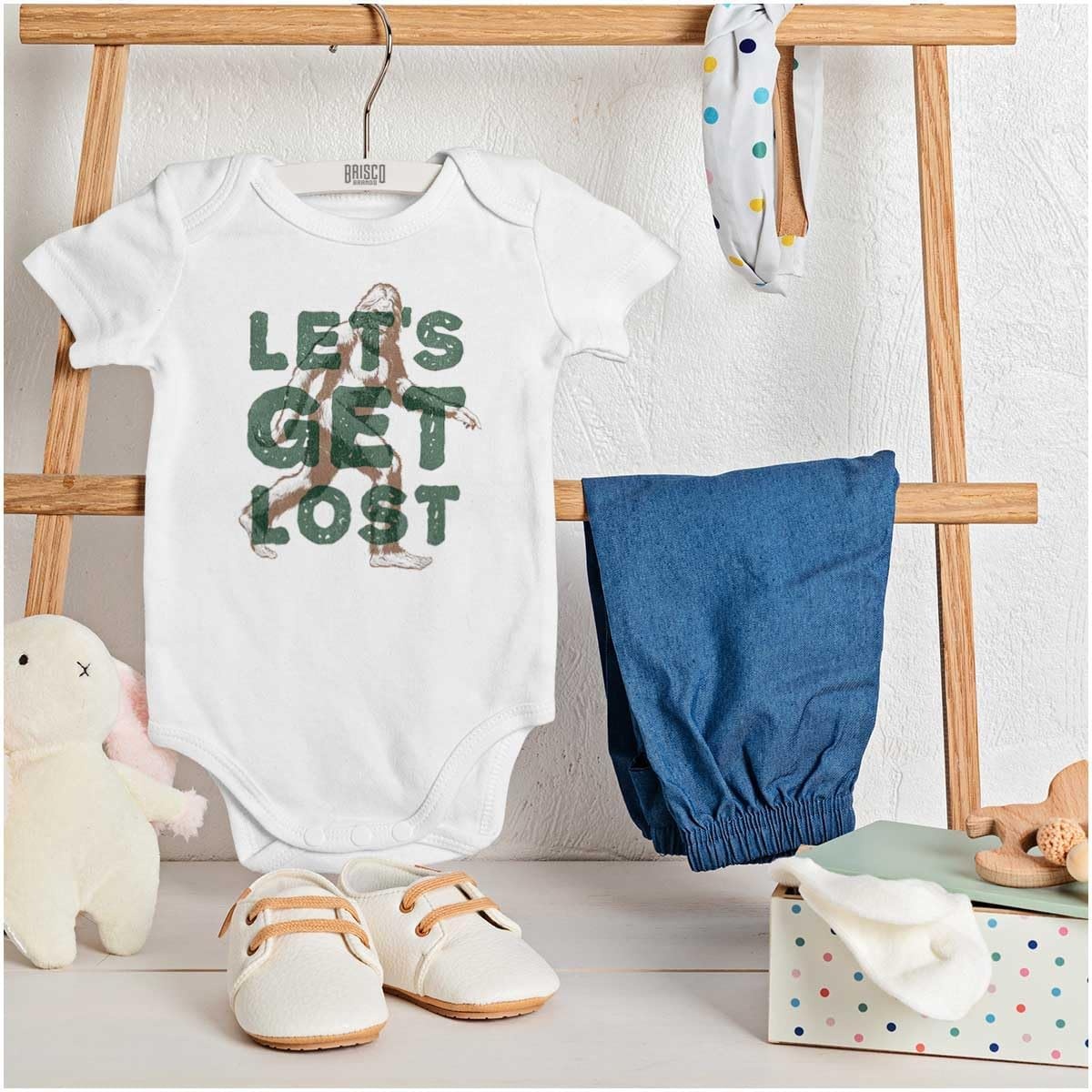 image:imageBrisco Brands Bigfoot Lets Get Lost Outdoors Baby Romper Boys or GirlsWhite