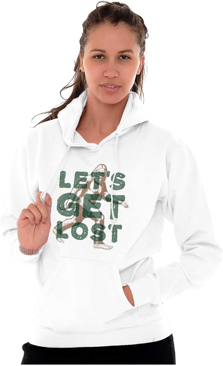 image:imageBrisco Brands Bigfoot Lets Get Lost Outdoors Hoodie Sweatshirt Women MenWhite