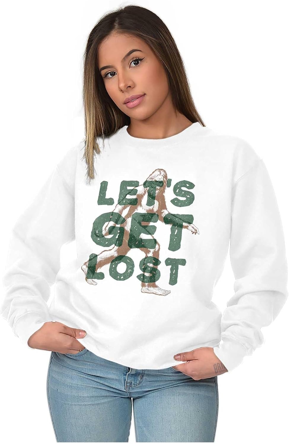 image:imageBrisco Brands Bigfoot Lets Get Lost Outdoors Sweatshirt for Men or WomenWhite