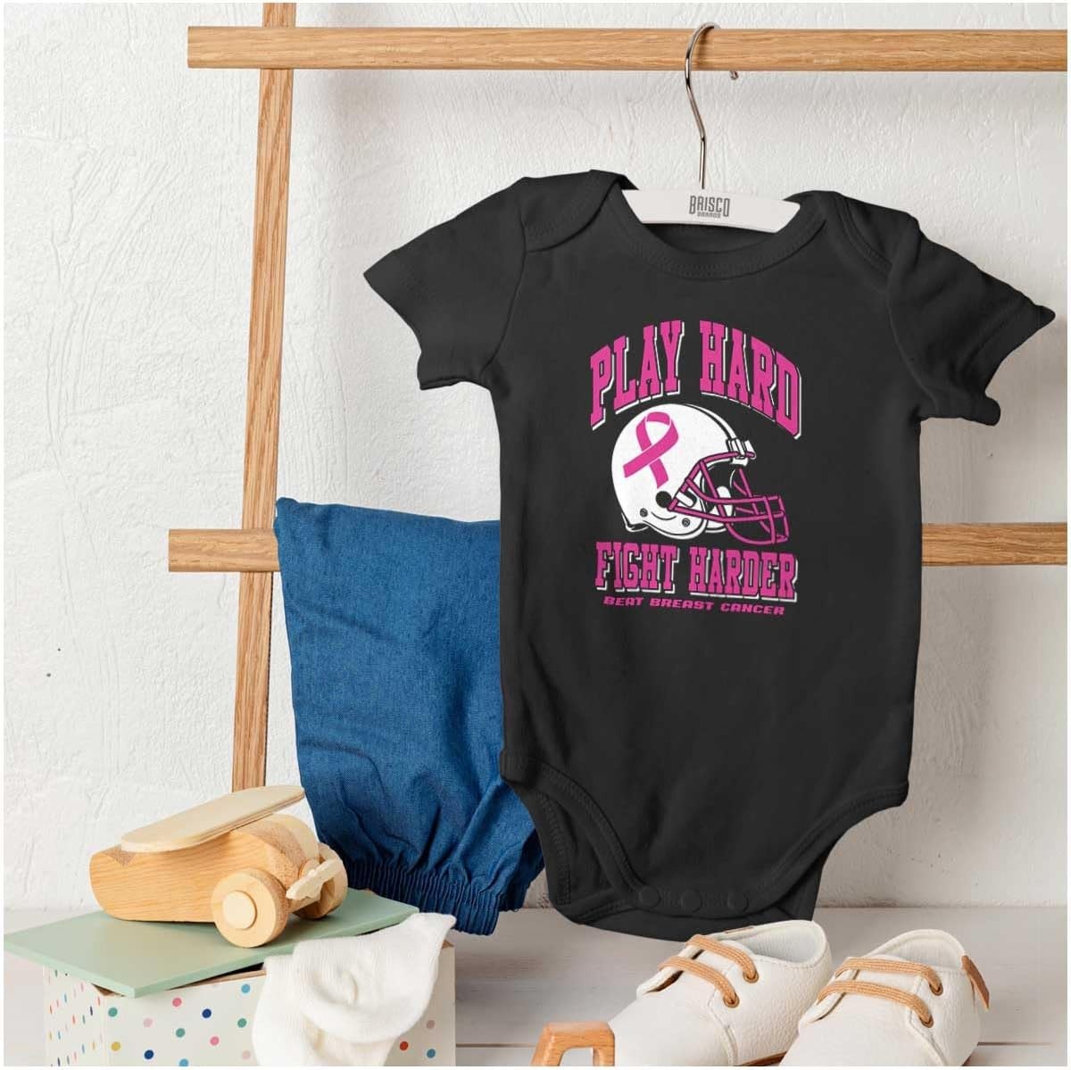 image:imageBrisco Brands Breast Cancer Football Fight Hard Baby Bodysuit Jumper GirlsBlack