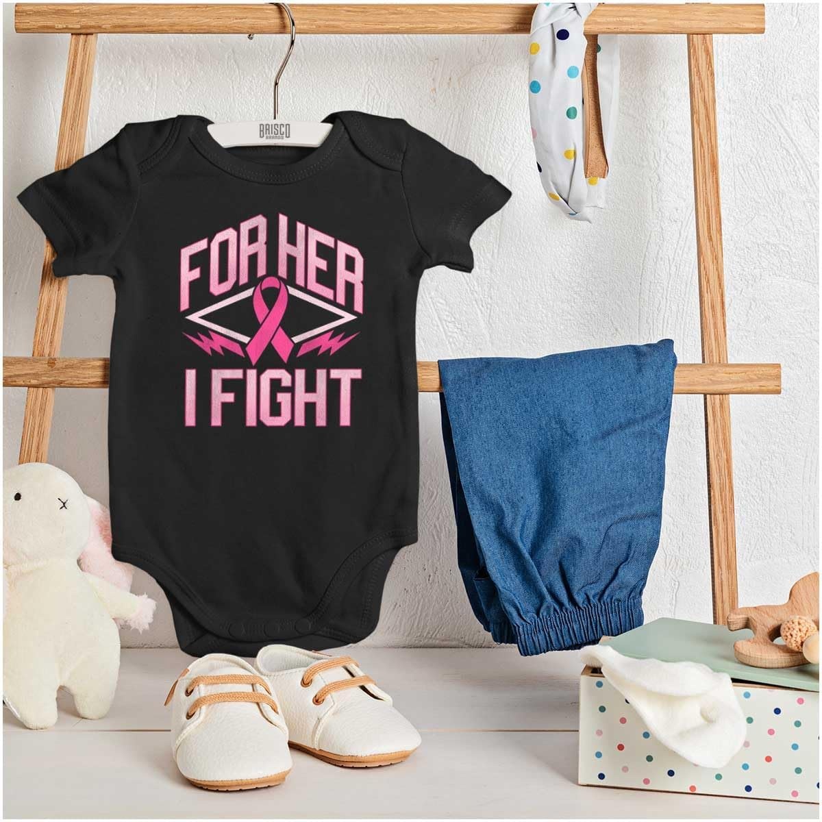 image:imageBrisco Brands Breast Cancer Pink For Her I Fight Baby Bodysuit Jumper GirlsBlack