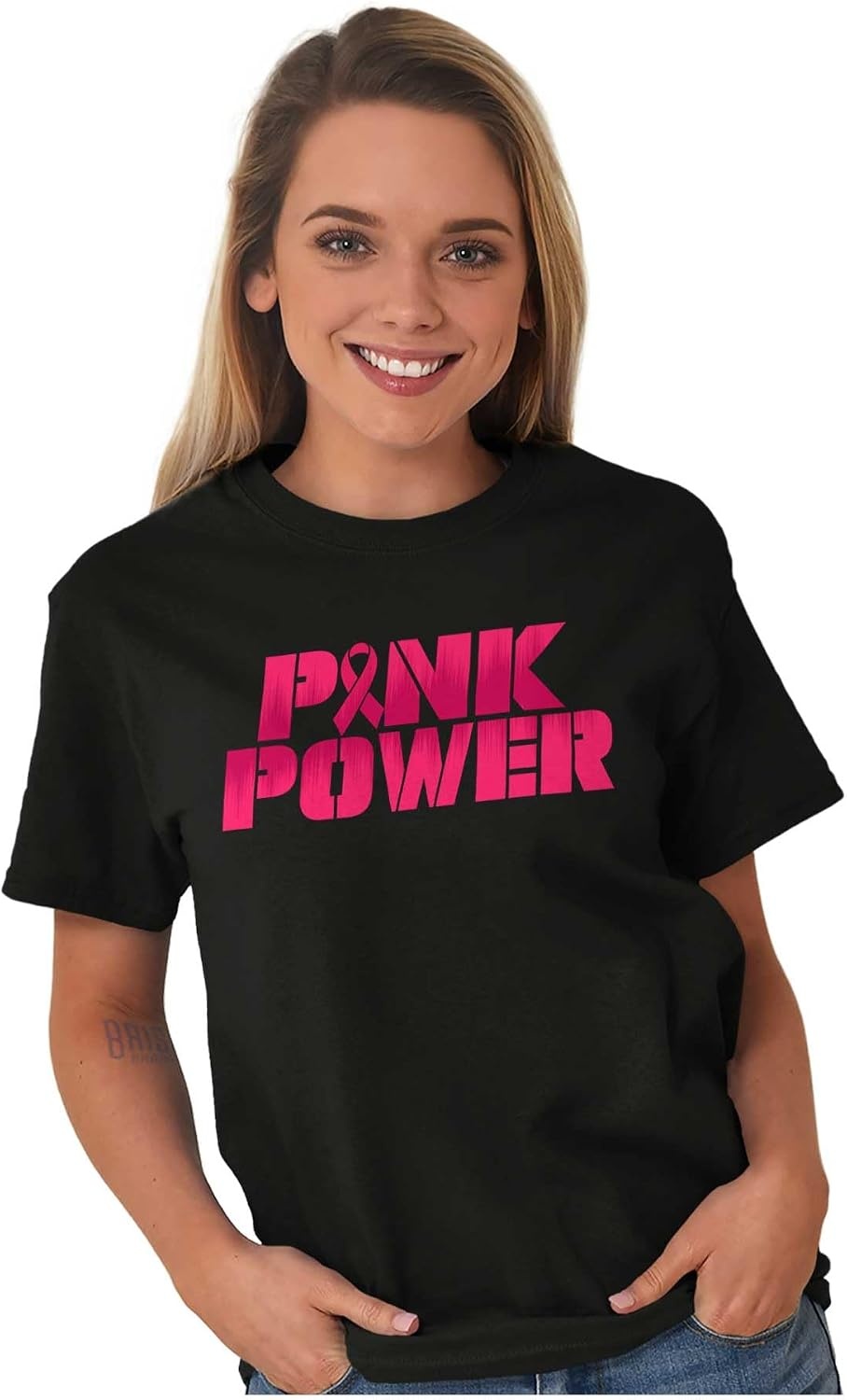 image:imageBrisco Brands Breast Cancer Pink Power Ribbon Womens Graphic T Shirt TeesBlack