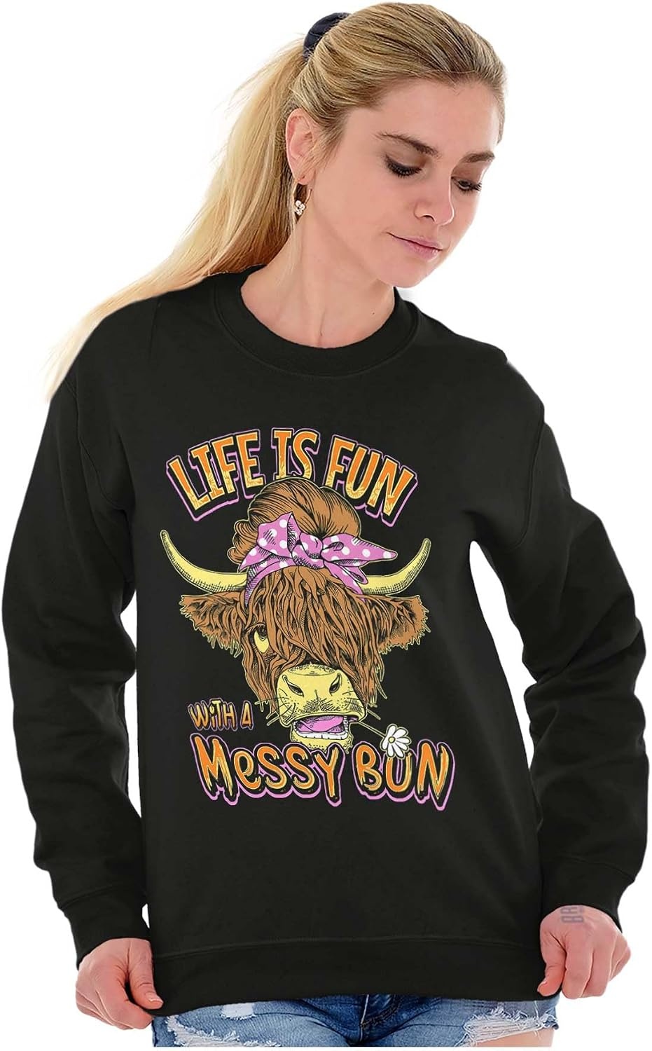 image:imageBrisco Brands Cute Life Is Fun With a Messy Bun Women Crewneck SweatshirtBlack