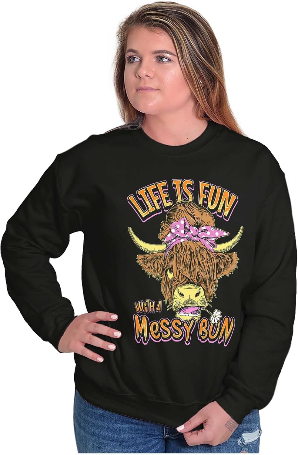 image:imageBrisco Brands Cute Life Is Fun With a Messy Bun Women Crewneck SweatshirtBlack