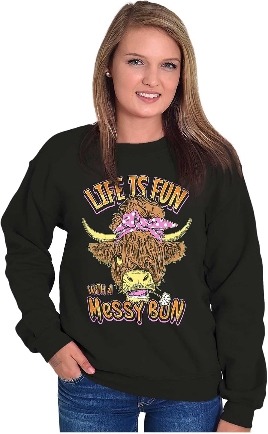 image:imageBrisco Brands Cute Life Is Fun With a Messy Bun Women Crewneck SweatshirtBlack