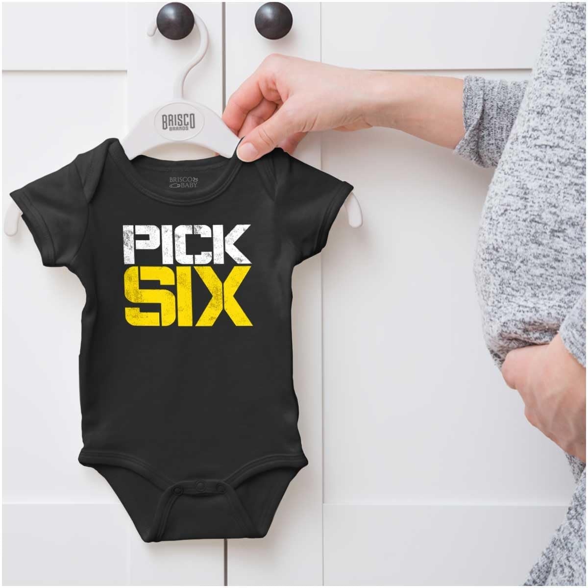 image:imageBrisco Brands Football Pick Six Sports Athlete Baby Romper Boys or GirlsBlack