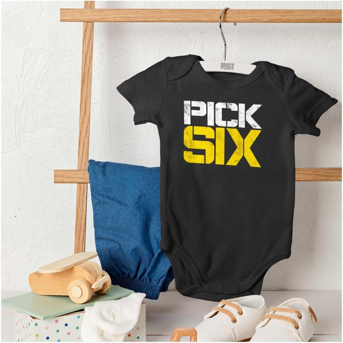 image:imageBrisco Brands Football Pick Six Sports Athlete Baby Romper Boys or GirlsBlack