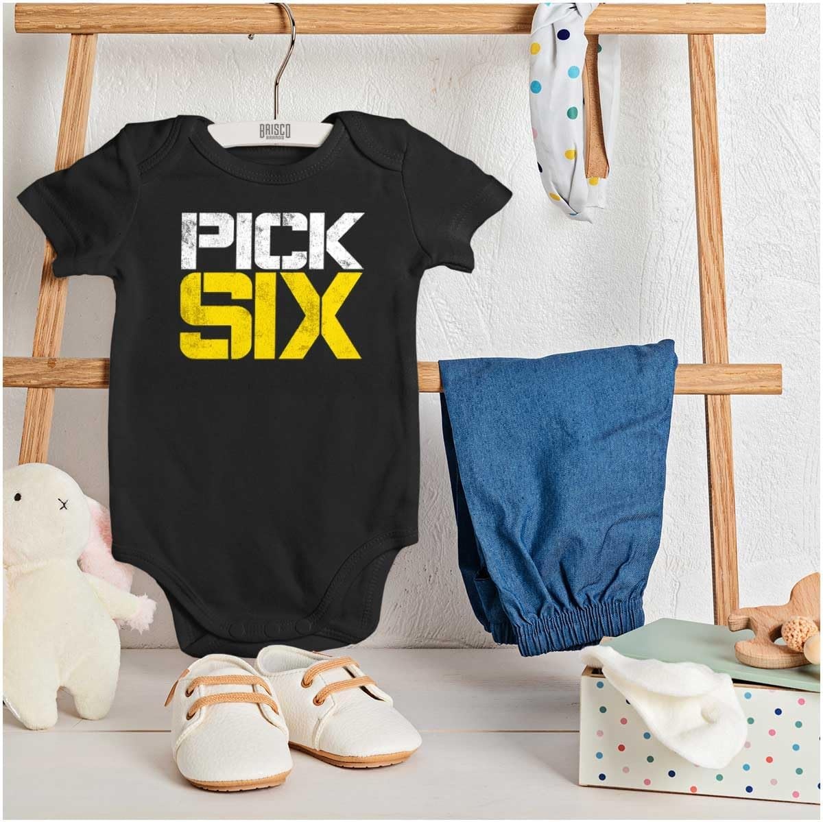 image:imageBrisco Brands Football Pick Six Sports Athlete Baby Romper Boys or GirlsBlack